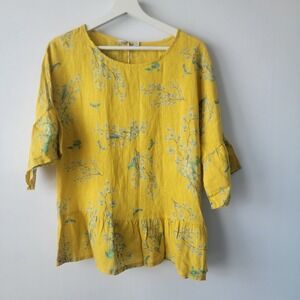Valentina Naldi women's 100% Linen Floral top size S Cottage Coastal Lagenlook
